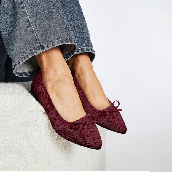 Women Slingback Pointed Toe Red Flats Bow Comfortable Dressy Party Work Shoes - Picture 5 of 6